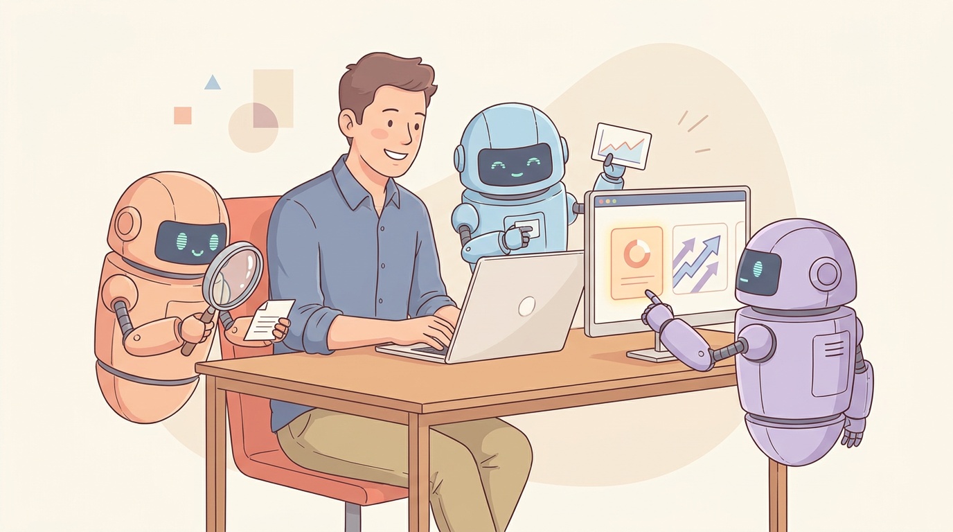 Illustration of a founder working alongside three friendly AI marketing-agent characters