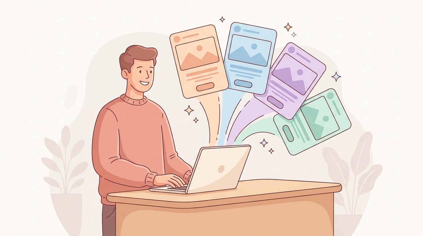 Illustration of an AI ad generator producing multiple ad variants from a single laptop
