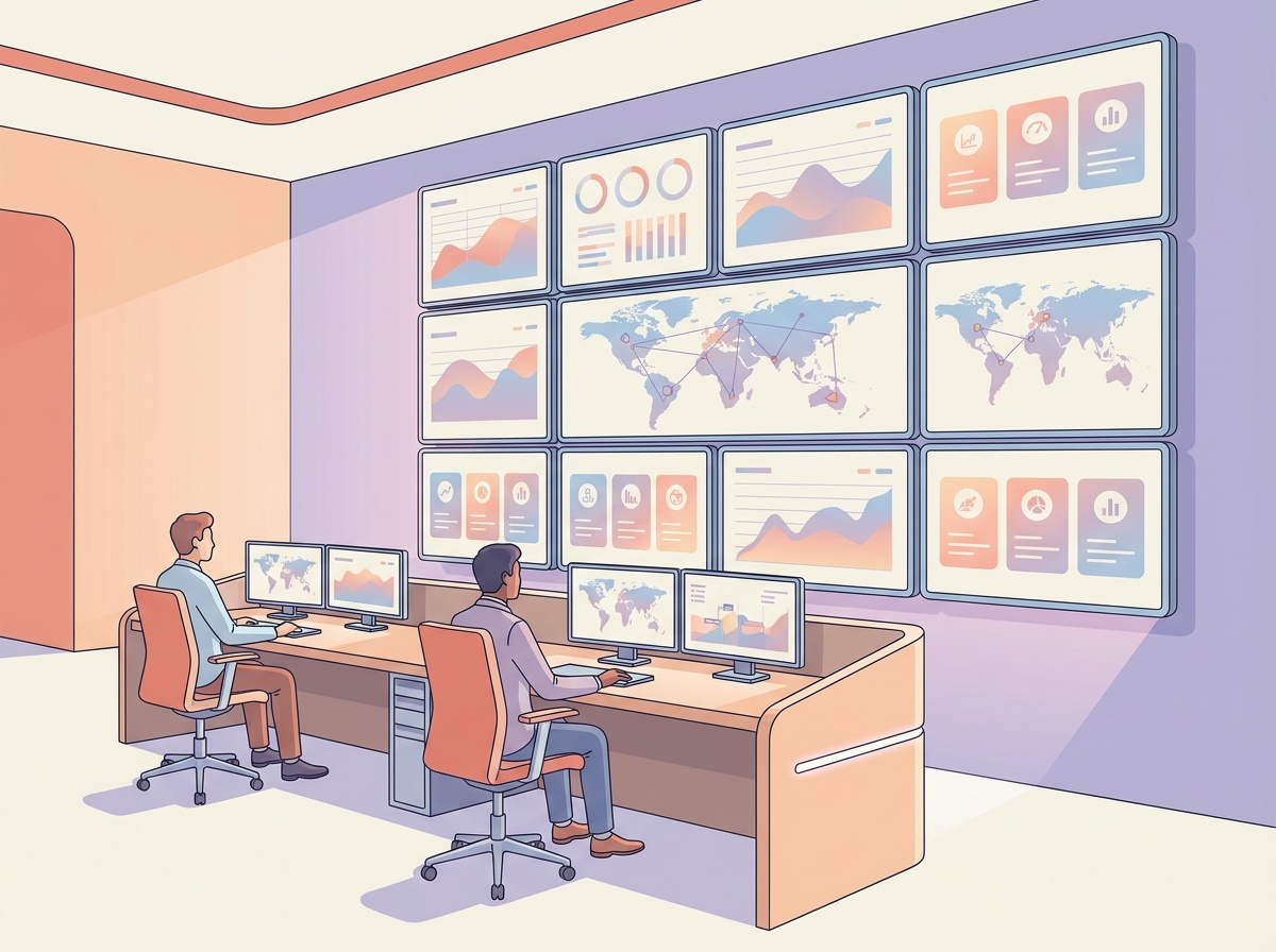Illustration of an enterprise mission-control room with operators and walls of screens — scale