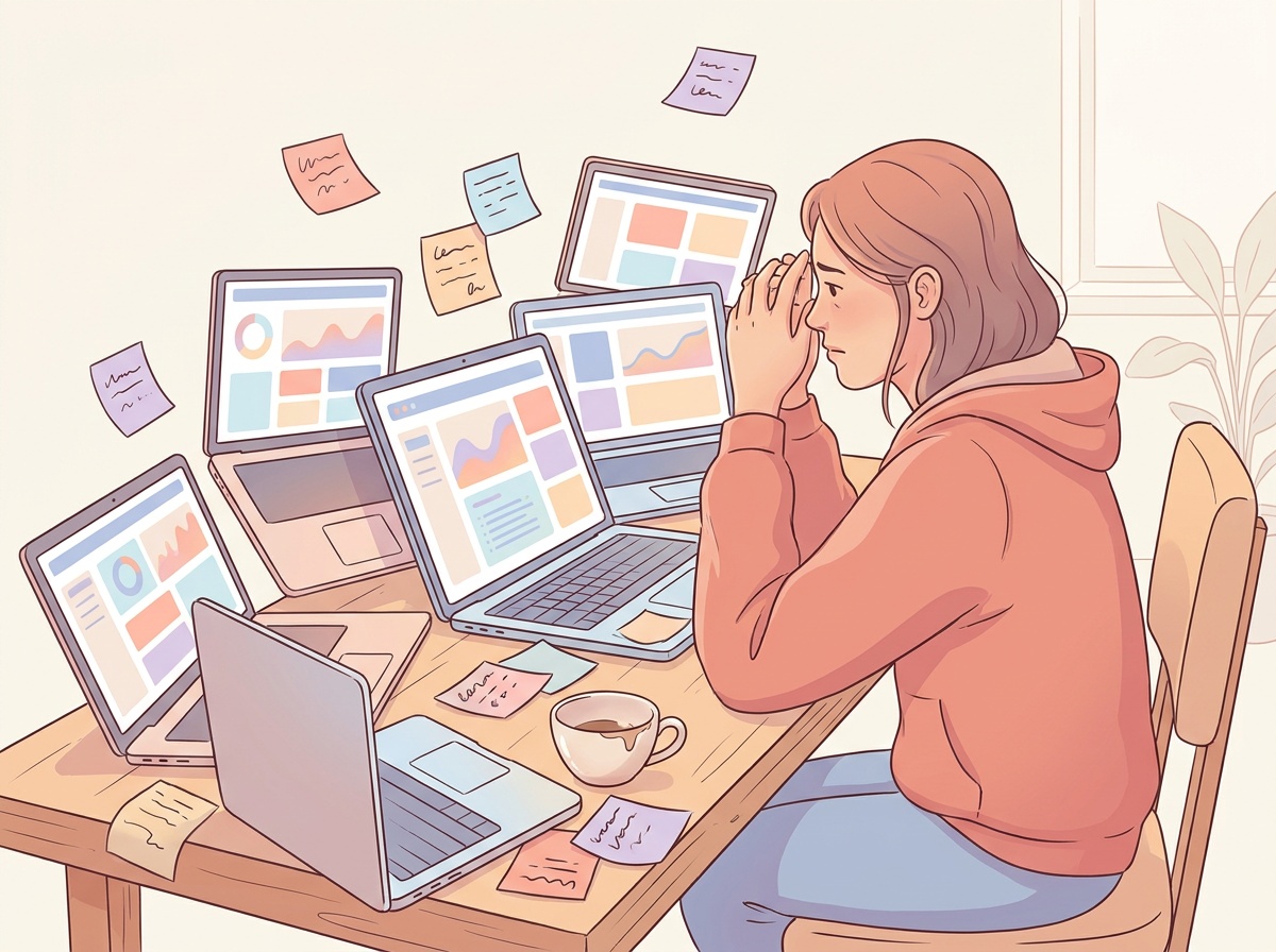 Illustration of one person at a desk surrounded by six separate laptops — fragmentation