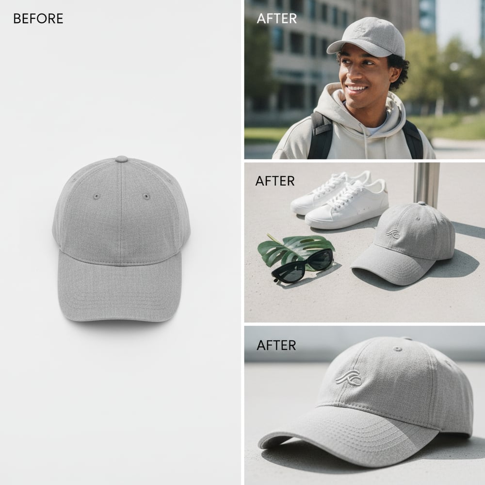 Before and after: Headwear — One plain cap → worn, flat-lay, product detail