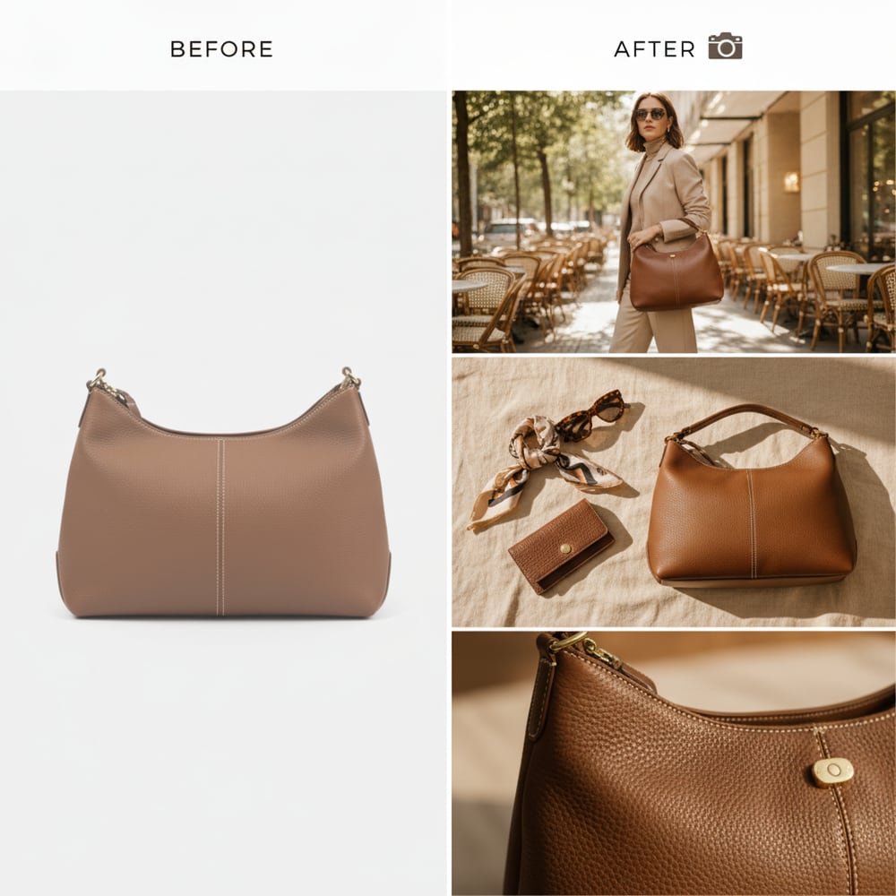 Before and after: Bags — One studio shot → in-context, styled, hero detail
