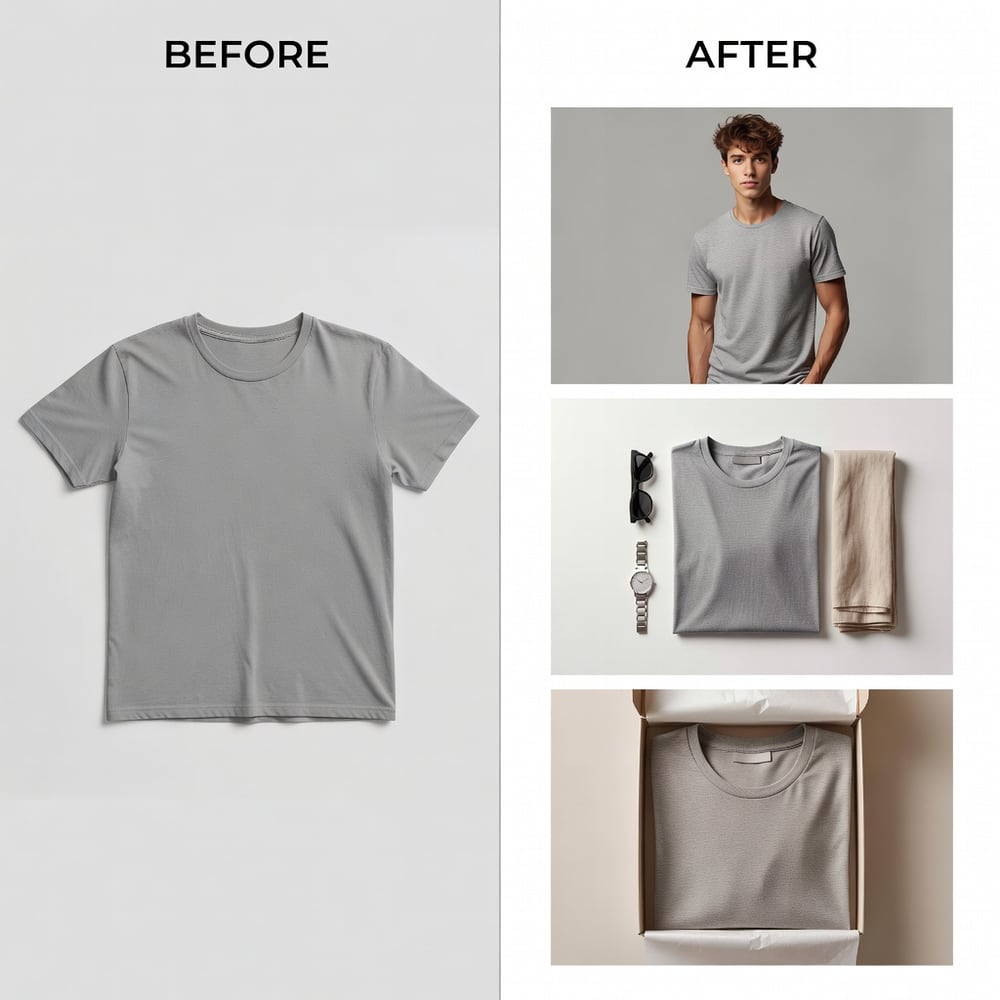 Before and after: Apparel — One flat tee photo → on-model, styled flat-lay, unboxing