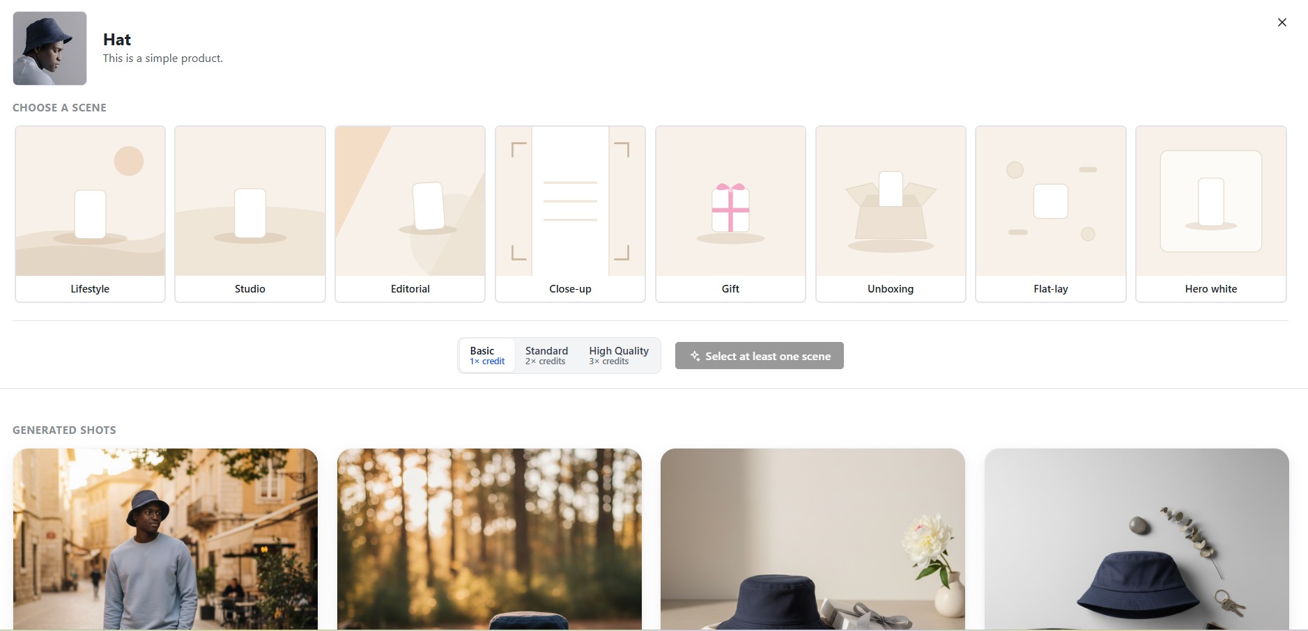 Scene picker with eight styles, quality tiers and a row of generated product shots