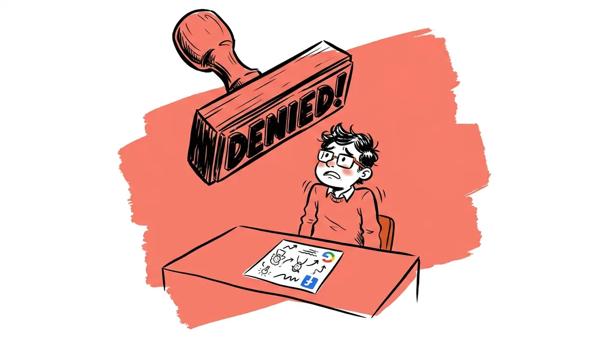 A giant DENIED stamp hovering over a founder's ad