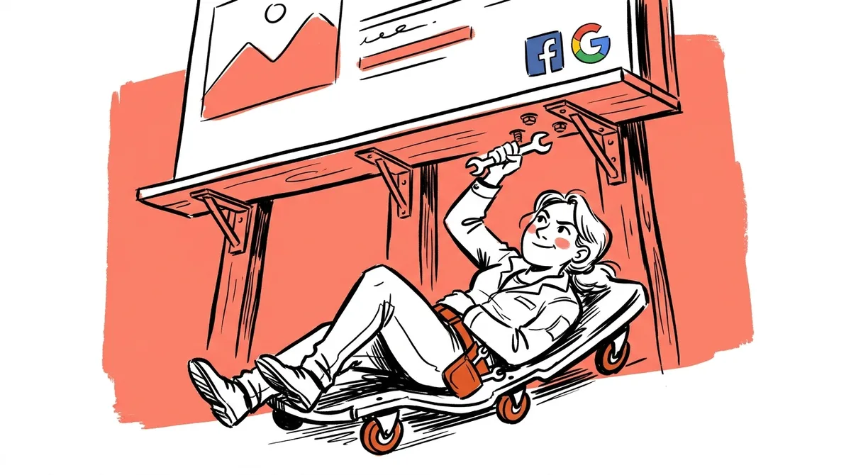 A founder rolling under a giant billboard with a wrench, mechanic-style